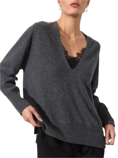 Lace Vee Layered Pullover- Dark Charcoal Melange with Black Lace