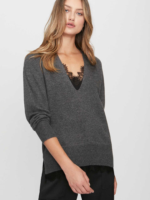 Lace Vee Layered Pullover- Dark Charcoal Melange with Black Lace