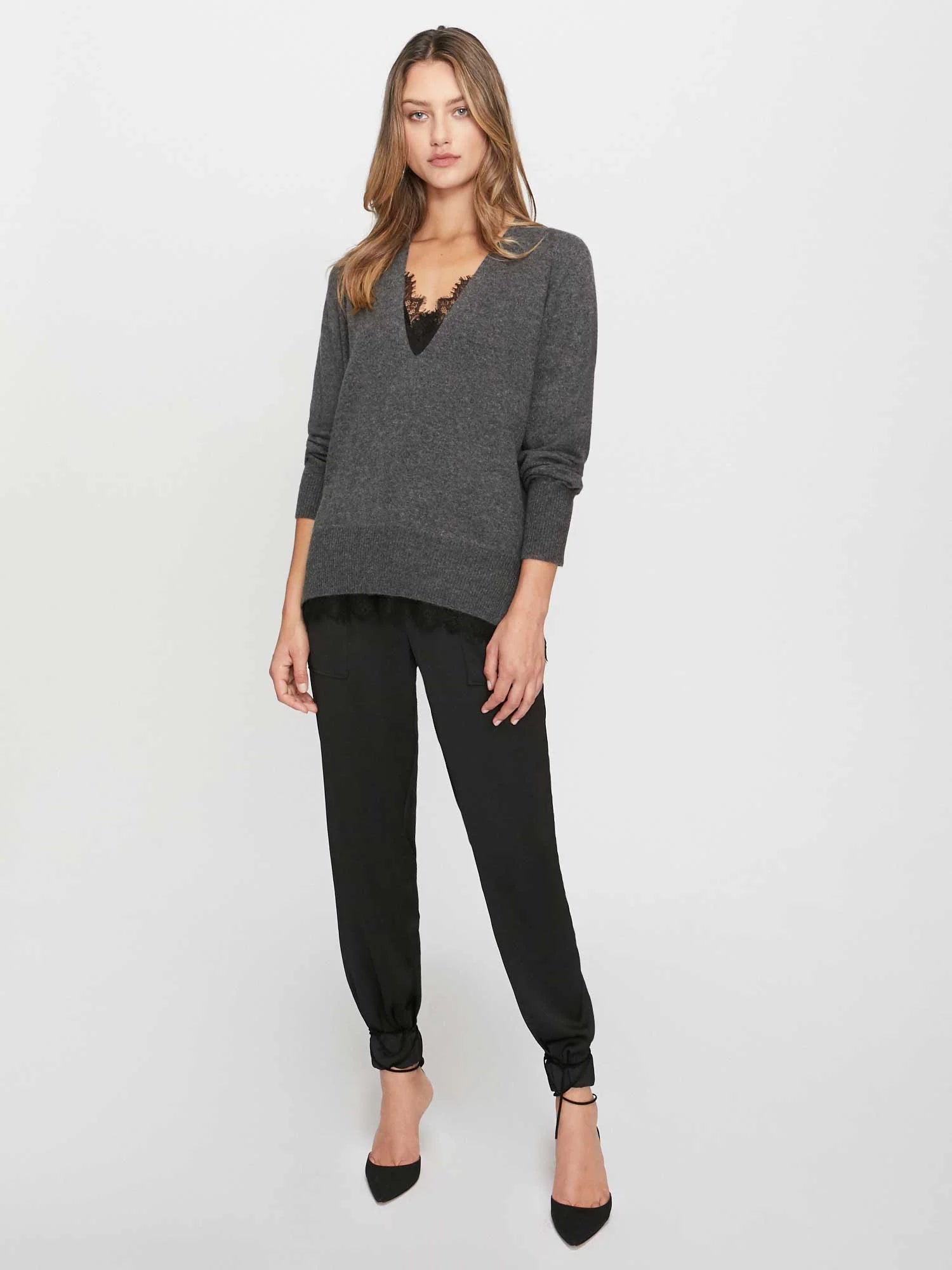 Lace Vee Layered Pullover- Dark Charcoal Melange with Black Lace