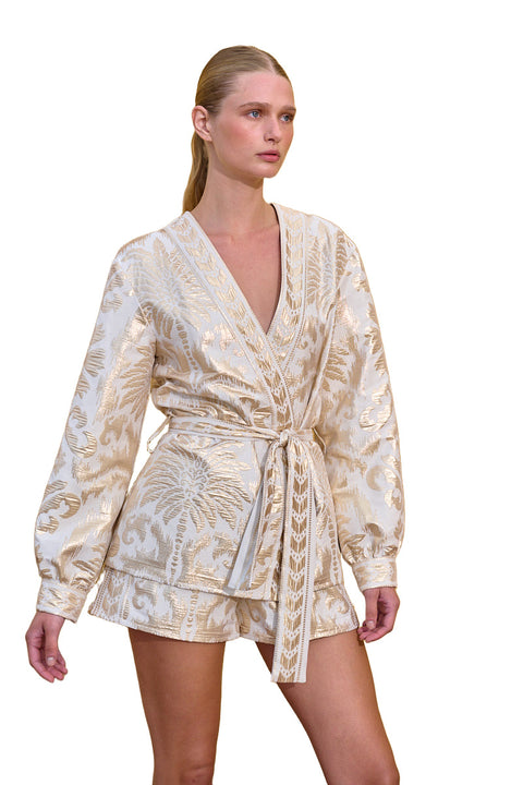 Gold Jacquard Palm Kimono Blouse