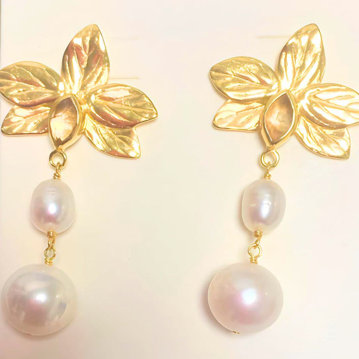 Gold Flower and White Pearl Earrings