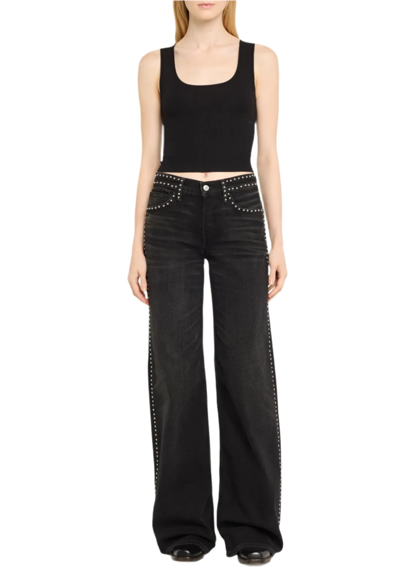 Studded Mid Rise Wide Leg Jeans